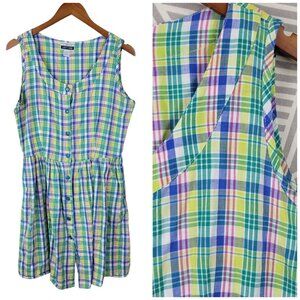 Vintage Pastel Plaid Dress Size Large flare Pleated Button Front Blue Yellow